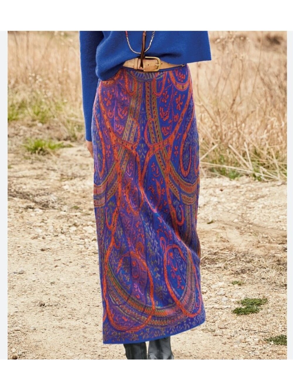 Peruvian Connection Kashmiri Maxi Skirt Blue Paisley Jacquard Size S Pima Cotton